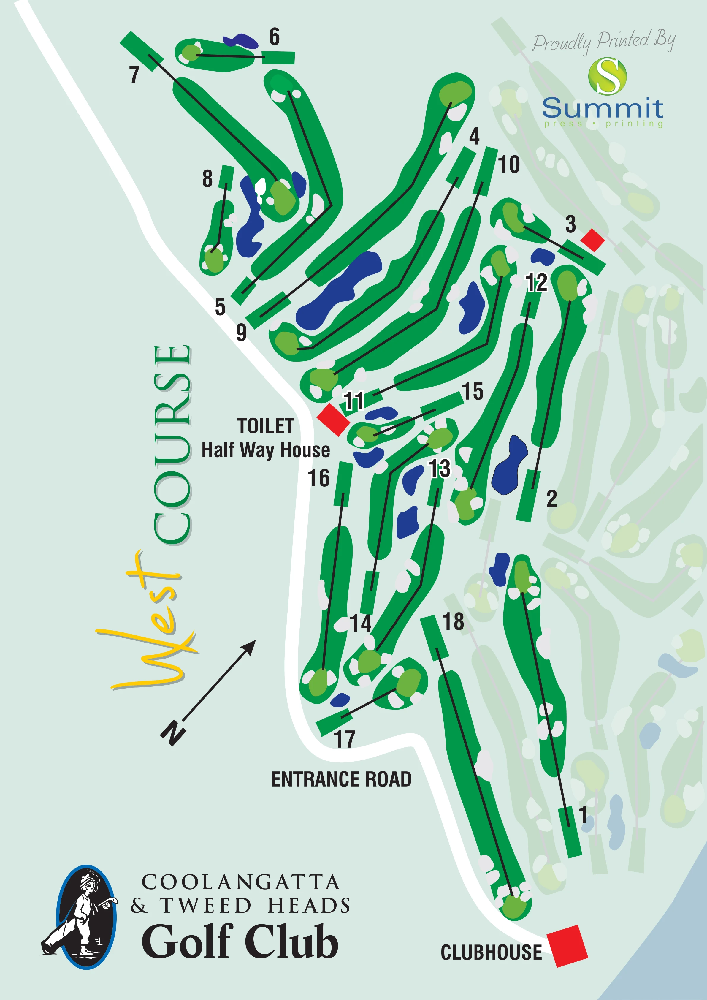 The West Course at Coolangatta & Tweed Heads Golf Club. All 18 holes are also listed as buttons below the map.